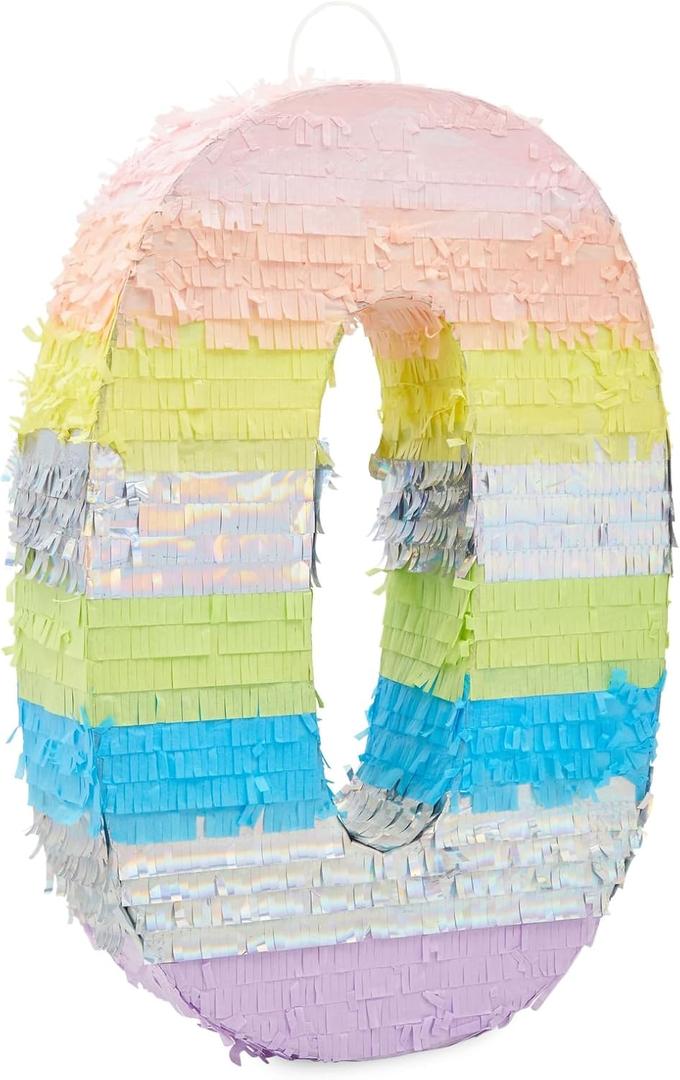 Large Number 0 Pinata for Girl's Birthday Party Decorations, Rainbow Pastel (21" x 14.7" x 4")