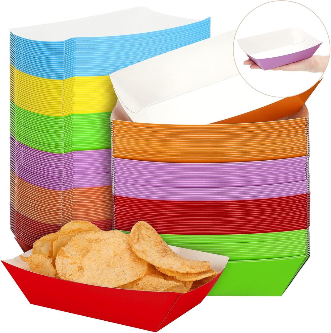 Panelee 120 Pcs Colorful 3lb Nacho Boats Trays Disposable Paper Food Trays Paper Boats Plates Containers Disposable Serving Basket for Nachos Hot Dog Snack Sandwich Burger BBQ Dessert Popcorn Taco