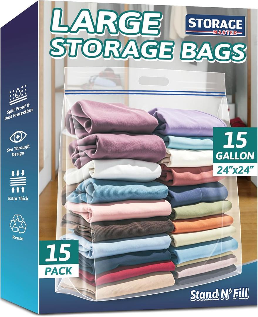 Extra Large 15 Gallon Storage Bags - 24 x 24 with Resealable Zip and Carry Handle, Ideal for Clothes, Pillows, Moving and Travel, Set of 15