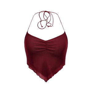 Floerns Women's Ruched Sleeveless Halter Neck Tie Back Hanky Hem Crop Cami Top, No Size Listed