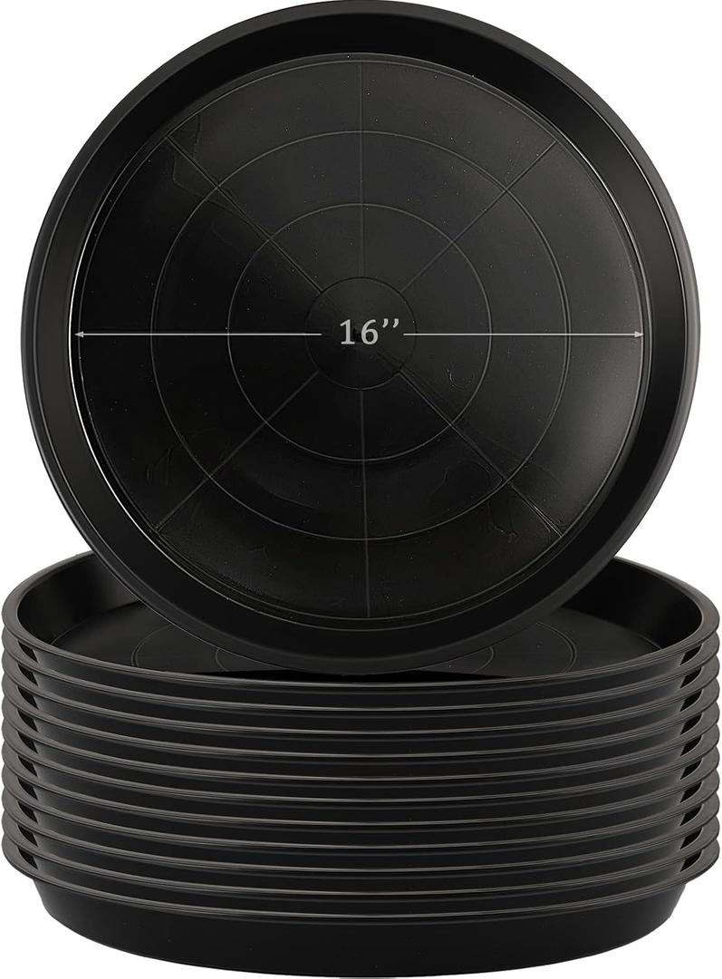 Eccliy 12 Pcs Plastic Plant Saucers Round Plant Tray Large Flower Pot Heavy Duty Planter Water Trays Thick Planter Drip Saucers for Indoors and Outdoors(16 Inch,Black)