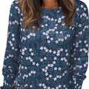 Long Sleeve Shirts for Women 2026 Spring Dressy Casual Blouses Pleated Crewneck Tunic Tops for Leggings Cute Tee (Large, Royal Blue Floral)