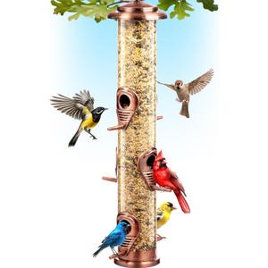 Bird Feeders for Outdoors (Brushed Metal Copper) Squirrel Proof Hanging Bird Feeders with Locking Lid & Adjustable Hanger, Chew-Proof, Weather Resistant 16 Inches 6 Port