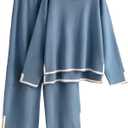 Tanming Women's 2 Piece Outfits Long Sleeve Knit Sweater Top Wide Leg Pants Lounge Sets Tracksuits (Blue, M)