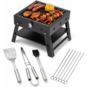 Small Portable BBQ Charcoal Grill: Mini Foldable Table Top Barbecue Grills | with Stainless Steel BBQ Grilling Tool Set, Fathers Day Birthday Grilling Gift for Men Dad Husband, Small 