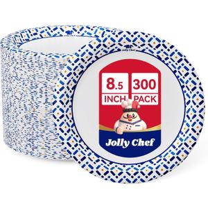 JOLLY CHEF 300 Count 8.5 Inch Paper Plates, Soak-Proof, Cut Proof, Disposable Heavy Duty Plates for Everyday Use, Picnic, Family Gatherings, Parties