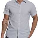 Mens Short Sleeve Dress Shirts Stretch Casual Button Down Shirts Solid Regular Fit Formal Shirt (Gray, M)