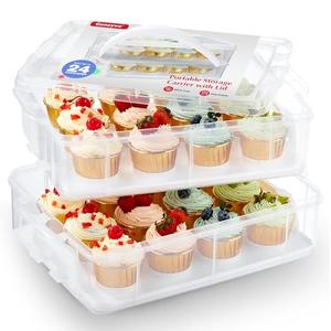 Gencywe Plastic Cupcake Carrier 24 Count, 2-Layer Cupcake Holder Carries with Lid & Handles, Cookie, Cake, Cupcake and Brownie Storage Carrier, Reusable Cupcake Box