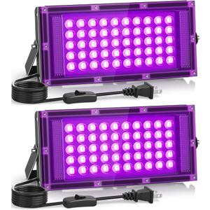 2 Pack 50W LED Black Light, Blacklight Flood Light for Glow Party IP66 Waterproof, Outdoor Black Lights with Switch&Plug for Halloween, Glow in The Dark, Neon Party, Poster, Birthday