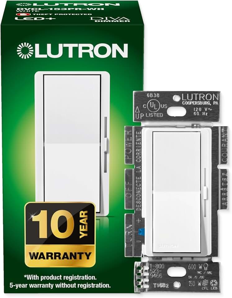 Lutron Diva LED+ Dimmer Light Switch for Dimmable LED, Halogen, and Incandescent Bulbs, 150 Watt, Single-Pole or 3-Way, DVCL-153P-WH, White Pack Of 5