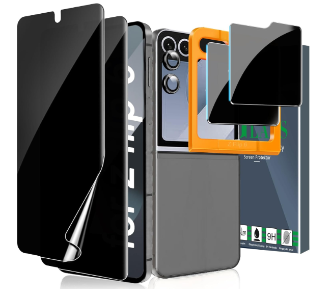 Ferilinso Privacy Screen Protector for Samsung Galaxy Z Flip 6 / Z Flip 7 FE [Phone Case Friendly], Inside AntiSpy Film With 2 Pack Back Tempered Glass + Camera Lens Protector Accessories