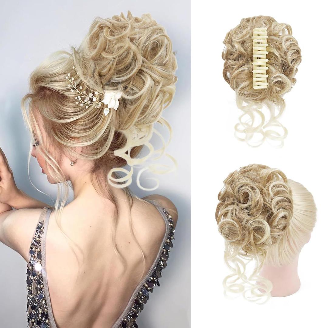 Claw Clip Messy Bun Hair Pieces for Women Messy Wavy Curly Hair Bun Extensions Tousled Updo Bun Hair Clip in Synthetic Hair Bun Ponytail Extension (Dirty Blonde)