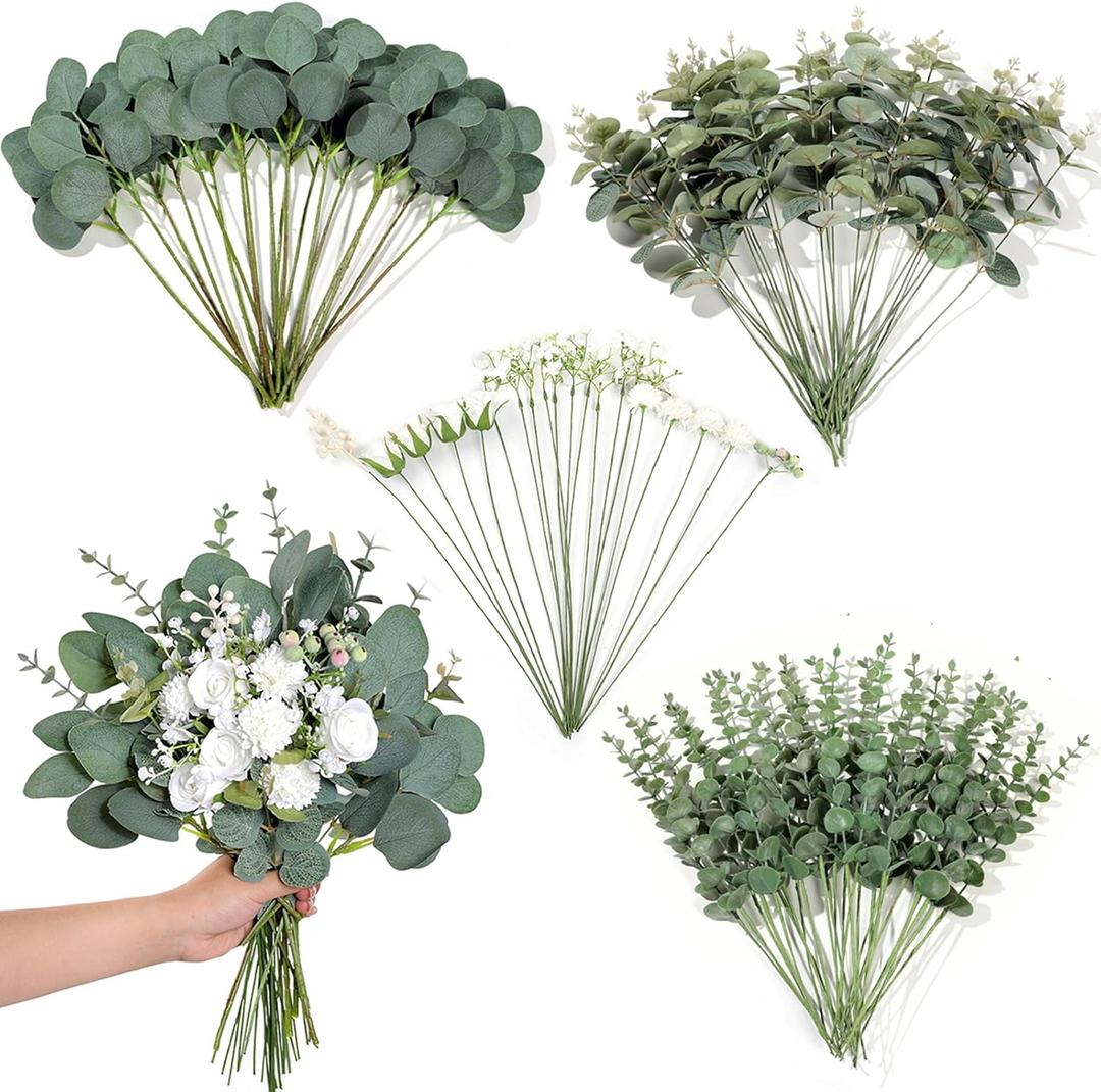 110 Pcs 7 Kinds Mixed Artificial Eucalyptus Stems and Faux Flowers,Fake Silver Dollar Eucalyptus Leaves Stems Bulk Soft Textured Leaf Branches for DIY Bouquets Floral Arrangement Wedding Home Decor