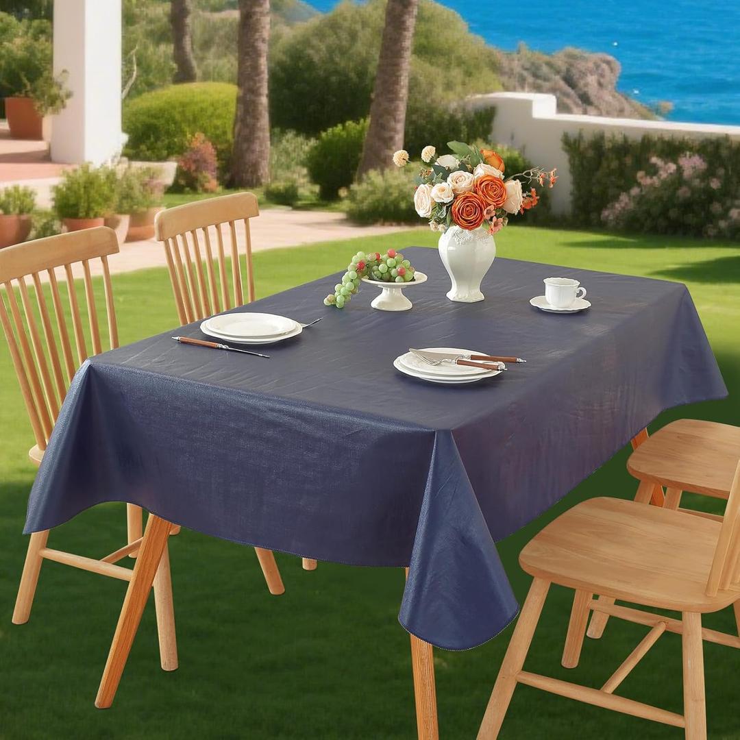 Rectangle Tableclot Wipeable Vinyl Tablecloths with Flannel Backing, Plastic Outdoor Oil-Proof Waterproof Table Cover, Both Indoors and Outdoors. (Dark Blue, 52" x 70")
