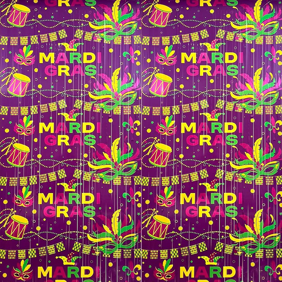 Mardi Gras Foil Fringe Curtain, 2-Pack Purple Gold Green Tinsel Backdrop New Orleans Masquerade Party Decorations Photo Booth Props