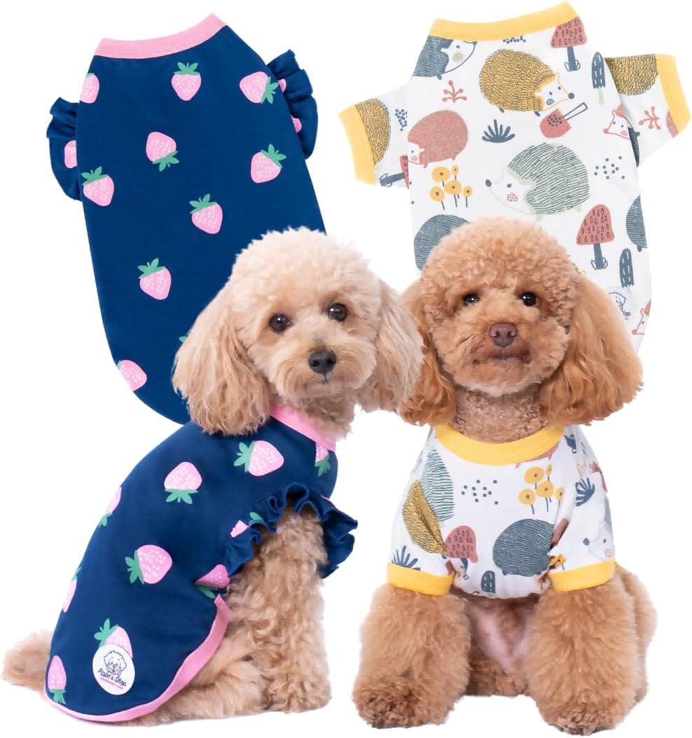 Pippo's Shop 2 Pack Dog Shirt Premium Peru CottonFashionable and Cute, Pet Apparel Lightweight Stretch Puppy Cool Soft T-Shirt Smooth Breathable Clothes (Pawberry+Hedgehog Paws, Medium)