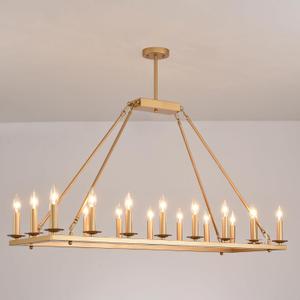 QJMPP Gold Dining Room Light Fixture,Rectangular Chandelier,Rectangle Chandeliers for Dining Room,Farmhouse Antique Light Fixtures for Kitchen Island(48-Inch 18-Light)