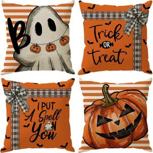 Halloween Pillow Covers Trick or Treat Boo Watercolor Pumpkins Ghosts Throw Pillow Cases Set of 4 Autumn Decorations for Farmhouse Home Bedroom Sofa Couch Outdoor Holiday Decor 16x16 Inch
