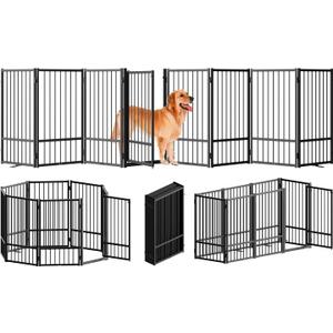 Full Metal Freestanding Dog Gate with Door, 32''Height Foldable Pet Dog Fence for Indoor & Outdoor, 8 Panels Extra Wide Free Standing TallDog Gates for Doorways, House, Stairs, Porch, Deck,Yard (Black)
