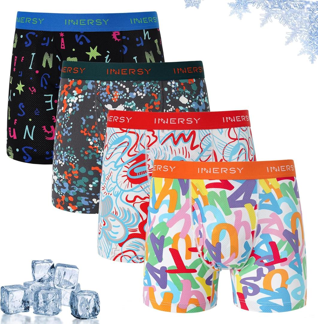 INNERSY Men's Breathable Mesh Boxer Briefs Cooling Moisture Wicking Underwear for Summer 4-Pack (Medium, Graffiti Art)