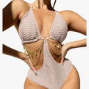 OYOANGLE Women's Chain Linked Cut Out Halter One Piece Swimsuit Tummy Control Bathing Suit S