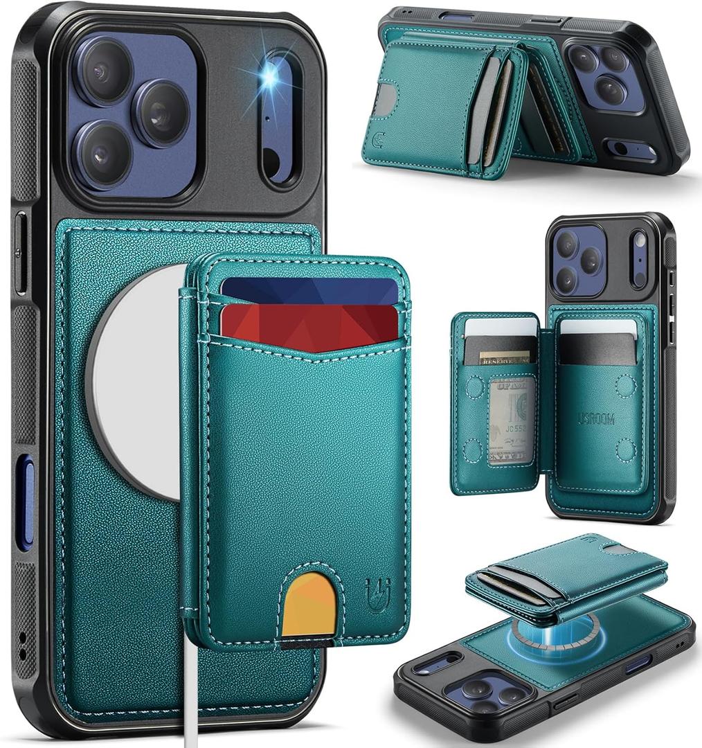 for iPhone 17 Pro Wallet Case Compatible with Magsafe, Magnetic RFID Blocking Card Holder Kickstand 2 in 1 Detachable Case for iPhone 17 Pro 6.3", Bluish Green