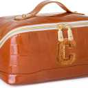 Initial Makeup Bag Large Capacity Travel Cosmetic Bag for Women PU Leather Open Flat Toiletry Bag with Handle and Divider Personalized Gifts for Women (Brown C)