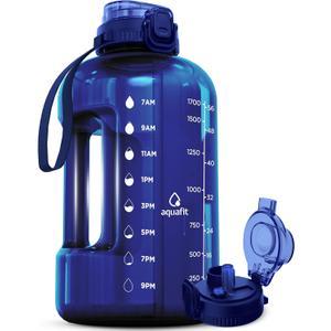 AQUAFIT 64 oz Water Bottle with Time Marker - Straw & Chug Lid - BPA Free Big Water Bottle with Straw - Gym Water Bottle with Handle - Gallon Water Jug (64 Ounces, Blue)