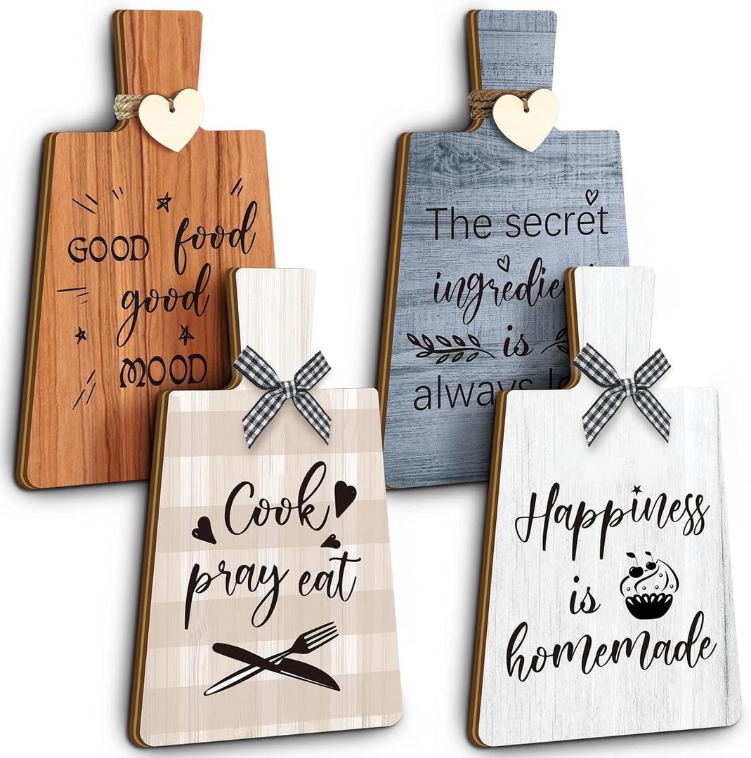 Chunful 4 Pcs Kitchen Cutting Board Wall Decor Sign 4 x 7 Farmhouse Wooden Kitchen Wall Hangings Rustic Tiered Tray Decor Wood Art Hanging Sign with Hooks for Home Dining Living Room Cafe