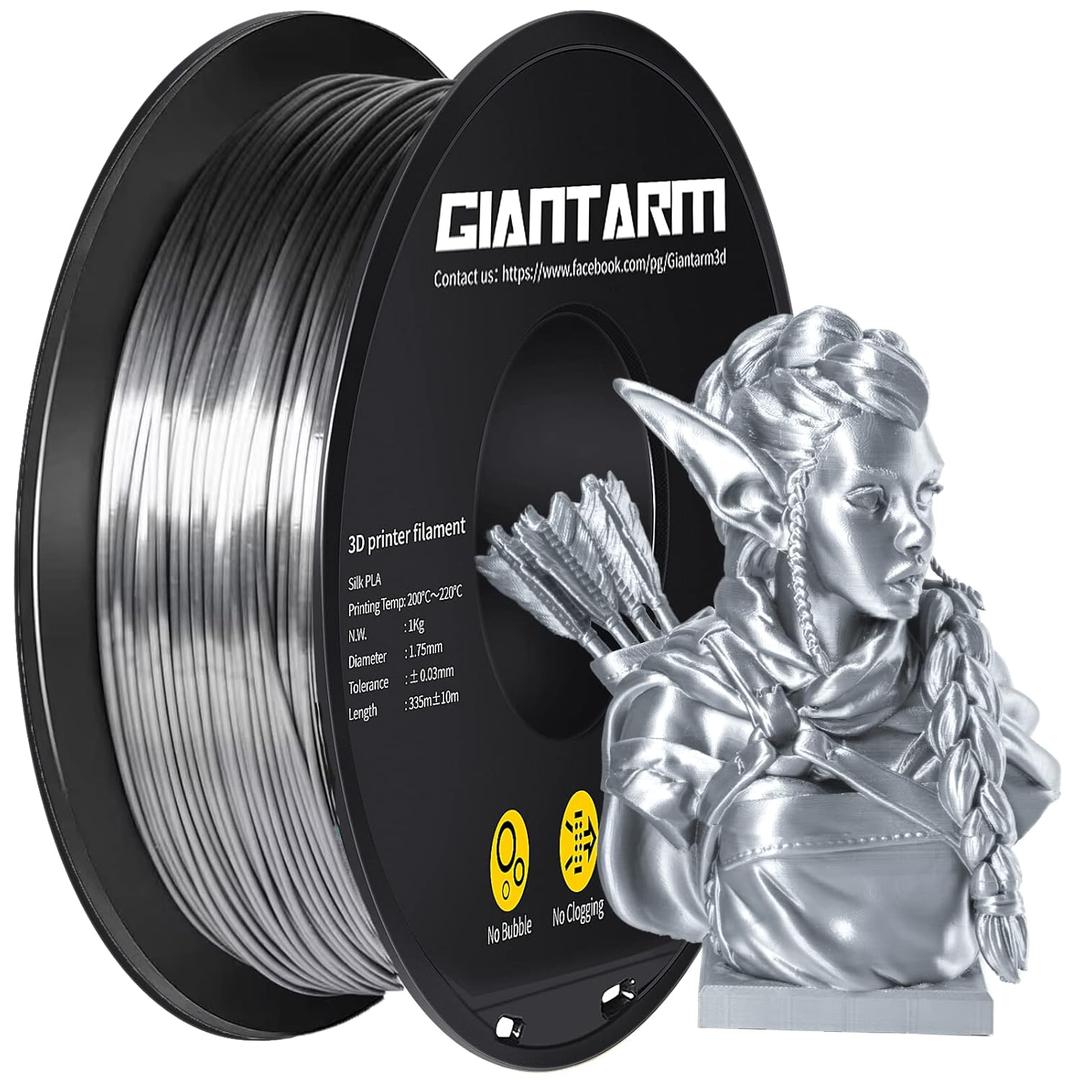GIANTARM Silk Metallic Silver PLA 3D Printer Filament 1kg Spool, 1.75mm Dimensional Accuracy +/-0.03mm, 1080 Feet per Roll, Vacuum Packaging