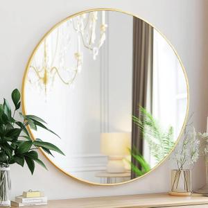 Sunniry Round Gold Mirror, 28 inch Round Mirror, Circle Bathroom Mirrors Metal Frame, Wall Mounted Circle Mirrors for Bathroom, Living Room, Hallway, Farmhouse