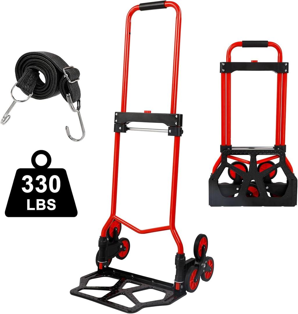 Foldable 6-Wheel Stair Climbing Dolly - 330Lbs Capacity, Telescopic Handle & Bungee Cord - Portable Hand Truck for Stairs, Moving & Deliveries (330LB | 1 Bungee Cord, 66" TPR Wheels)