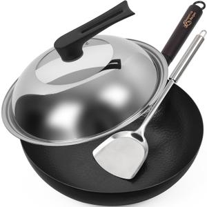 Souped Up Recipes 12.5 Inch Carbon Steel Wok For Electric, Induction and Gas Stoves (Lid, Spatula and User Guide Video Included)