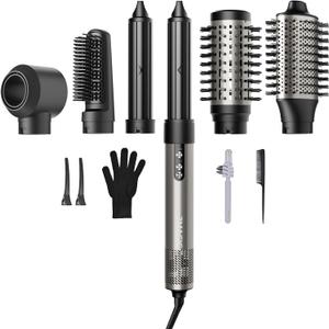 7MAGIC Hair Dryer Brush & 6 in 1 Hair Styler, Silver, 110 Volts, 1200 Watts, Ionic Technology, Fast Drying, Multi Styler for Straight, Wavy, Curly, and Coily Hair