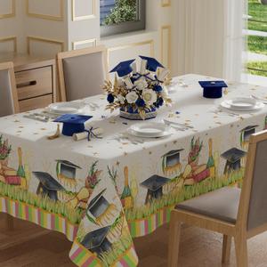 XCHI Stripe Grass Grad Cap Book Stars Graduation Tablecloth Rectangle Table Cloth Table Covers for Indoor Dining Home Party Decorations 60x104 Inch