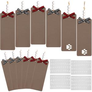 Jetec 12 Pcs Christmas Stocking Wooden Name Tag Personalized DIY Dog Paw Stocking Hanging Tags with Buffalo Plaid Bow and 4 Letter Sticker for Xmas Hanging Ornaments Home Decor(Light Brown)
