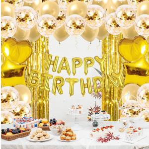 Gold Birthday Party Decorations - Sweet 16 21st Women Girls Happy Birthday Banner, Fringe Curtains, Heart Star Foil Confetti Balloons Backdrop Supplies