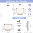 19.6''Drum Chandelier 5-Light Brushed Nickel Modern White Fabric Chandeliers for Dining Room Adjustable Farmhouse Pendant Light Fixture for Kitchen Island Living Room Bedroom