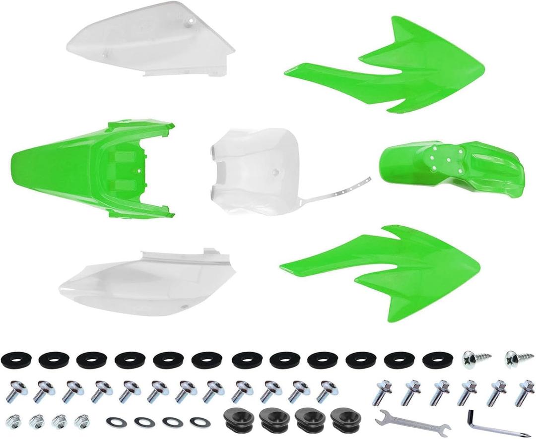 PRO BAT 7 PCs Plastic Fender Kit CRF 70 CRF70 Pit Bike Fender Fairings Plastic Body Set, White & Green