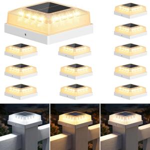 Brightever 4x4 Solar Post Cap Light 12-Pack, Fence Post Solar Lights with 3 Lighting Modes, Fits 4x4 3.5x3.5 Vinyl/Wood Posts, White Solar Powered Waterproof Deck Post Lights for Garden Patio Porch