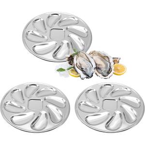UOIENRT 3 Pack Oyster Plate, Stainless Steel 8 Slots Oyster Grill Pan with Center Slot Multi-Functional Grill Pan for Oysters and Scallop, Sauce and Lemon(Silver)