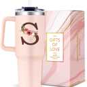 Monogrammed 40oz Tumbler with Handle for Women, Personalized Birthday Gifts for Women,Initial Cups for Woman Floral Letter S,Customized Gifts for Female Lady Gift for Mothers Day Christmas