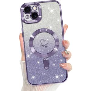 Bonoma Compatible with iPhone 15 Case Support for MagSafe, Plating Heart Glitter Magnetic 2* Screen Protector TPU Camera Protection Back Cover for Girls Women -Purple