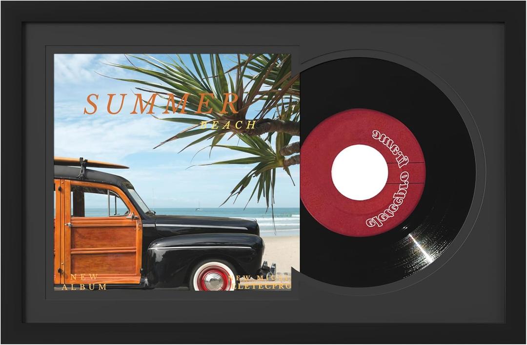 eletecpro 8.8x13.8 Record Frame with Double Mats for Single 7-inch Music Album Cover and Vinyl, 45 rpm (6 7/8")inch Vinyl Record Display for Wall, Classic and Stylish Record Holder for Wall Decor (Black)
