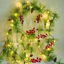 Christmas Garlands 6.56FT 30 LED Smokey Pine Garlands with Lights Battery Operated Pine Cone Garland with Red Berry Bells Green Garland Christmas Decorations for Xmas Holiday Indoor Outdoor