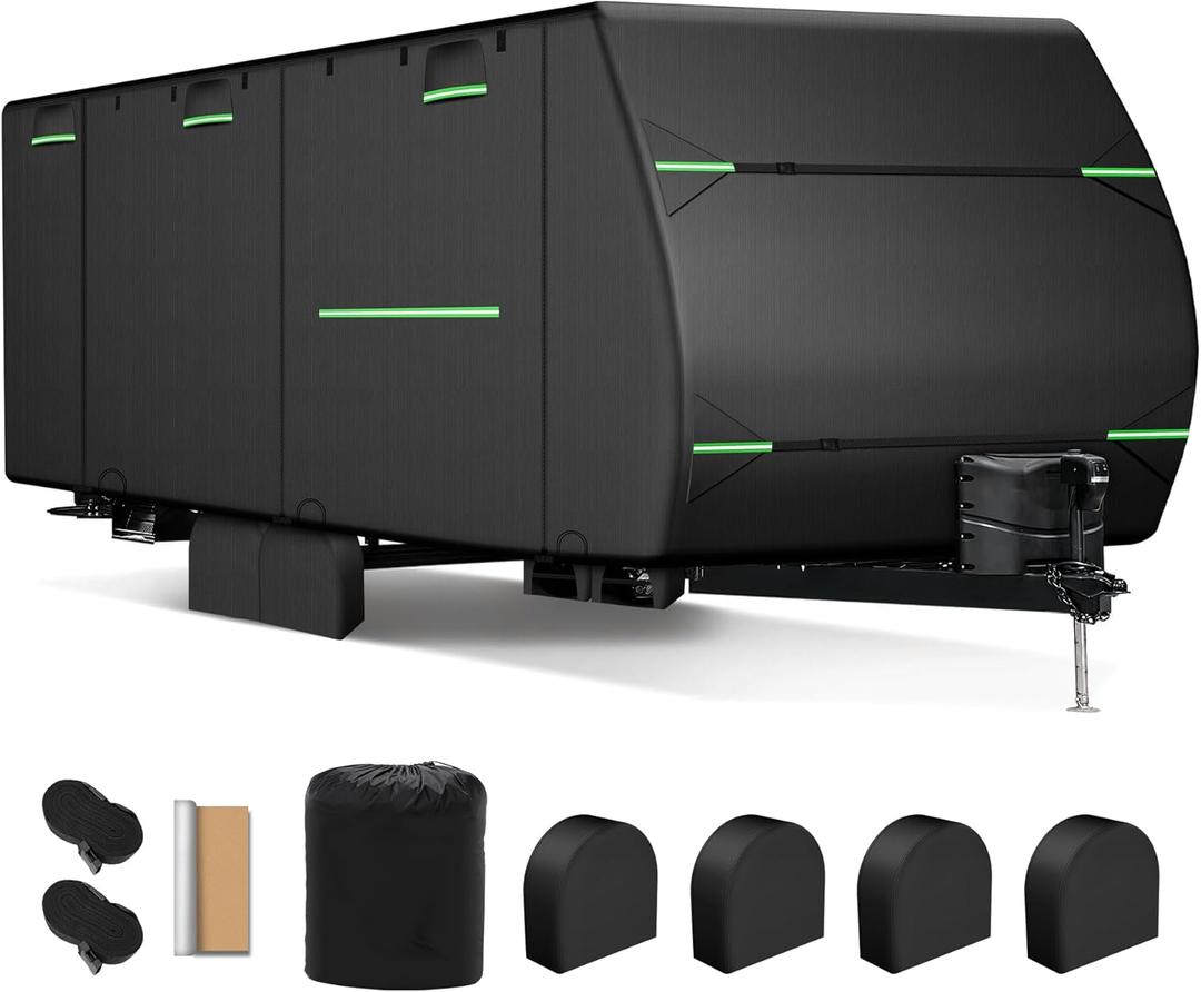 Heavy Duty RV Cover 18-20 Ft Travel Trailer Cover, Camper Cover Waterproof 20 Ft 19 Ft 18 Ft, 5 Layers with Zippered Door, Tongue Jack Cover, Gutter Cover, Tire Cover, Straps,300D Oxford Top
