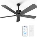 52 Inch Ceiling Fan No Light - Outdoor Indoor Flush Mount Low Profile DC Motor Fan with Remote and APP, 5 Blades Reversible Silent Fan for Patio, Bedroom, Living Room, Garage Black