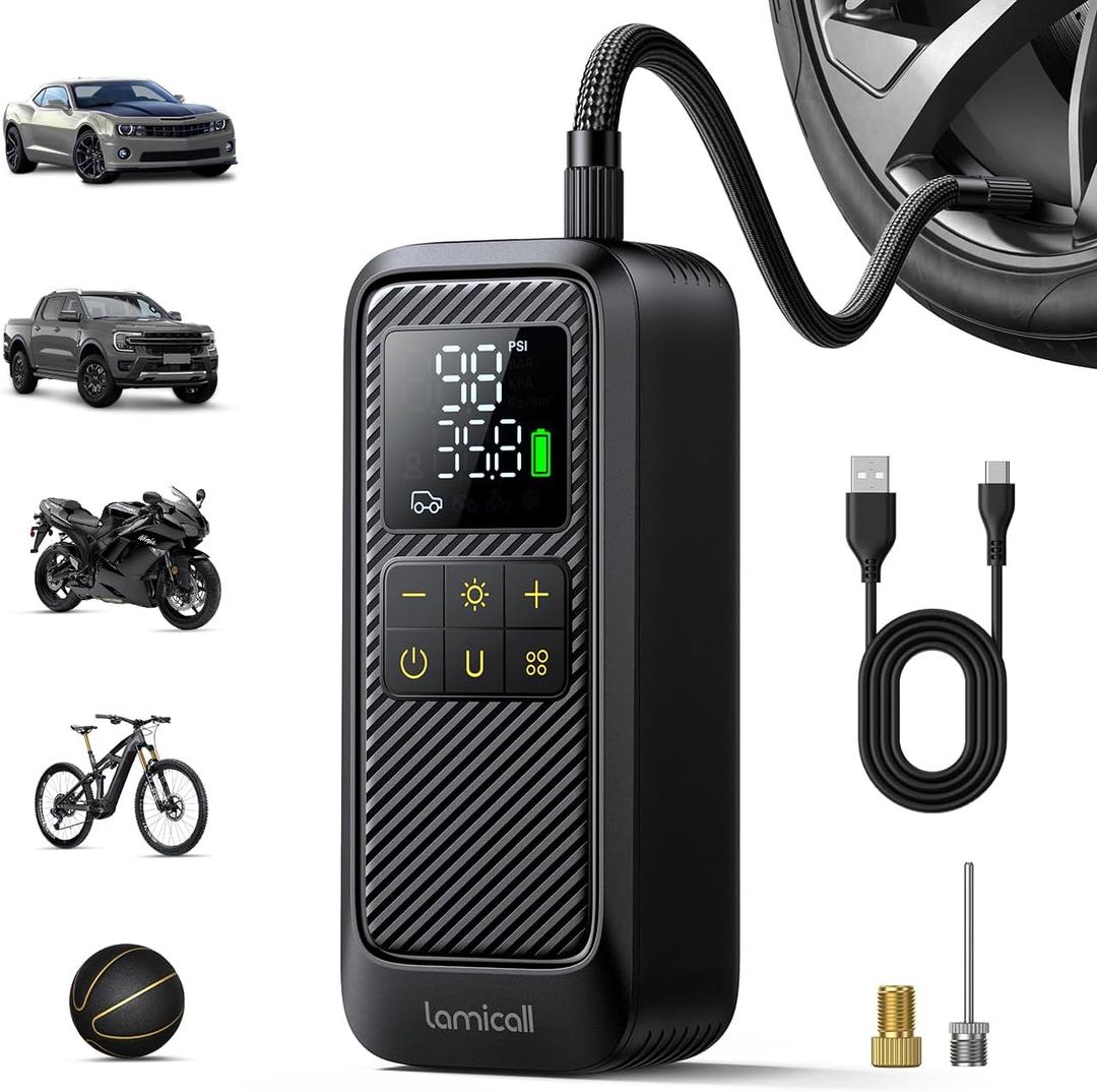 Tire Inflator Portable Air Compressor - Lamicall [5X Faster][150 PSI] Rechargeable Car Air Pump, Digital Pressure Gauge, LED Light, Cordless Pump Valentine's Day Gifts for Car, Bike, Motorcycle, Ball