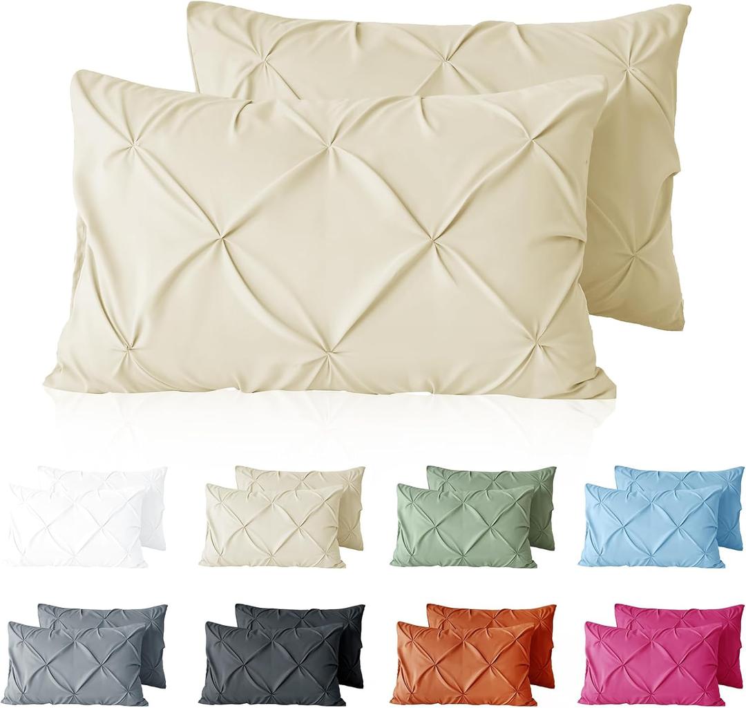 VACVELT Pintuck Pillow Cases Standard Size Set of 2, Beige Pillow Shams Decorative Pillowcases with Envelope Closure, Pinch Pleated Microfiber Pillowcases, Wrinkle and Stain Resistant