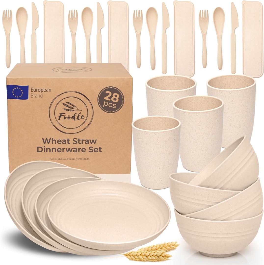 FOODLE Wheat Straw Dinnerware Set - Picnic, Camping Plates Cups and Bowls
BPA-Free & Safety Tested - Microwave & Dishwasher Safe - College Dorm Unbreakable Dishes - Great for Kids & Adults - For 4